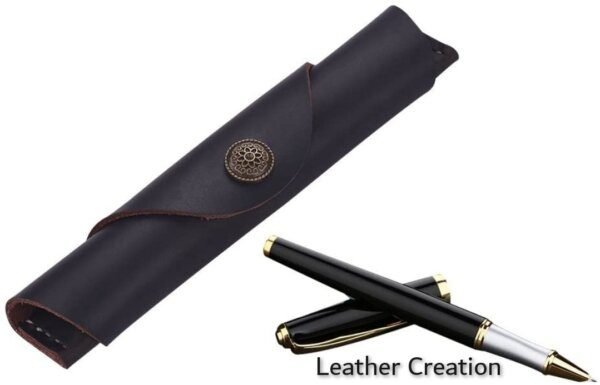 Vintage Handmade Leather Single Pen Case Holder Cowhide Fountain Pen Sleeve Roll Wrap Pen Pouch (Deep Brown Leather) - Image 2