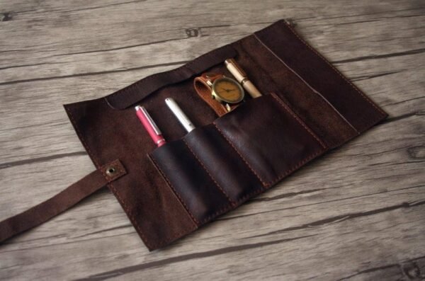 Dark Brown Leather pencil Roll - Pen Holder / Case - Pen Sleeve