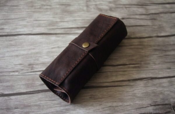 Dark Brown Leather pencil Roll - Pen Holder / Case - Pen Sleeve - Image 2
