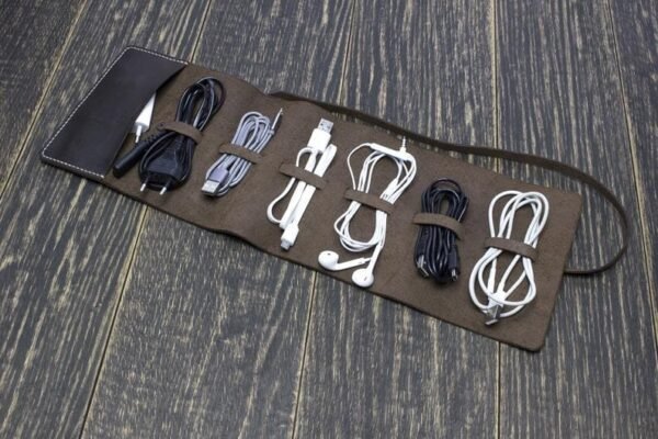 Leather USB Cable Organiser Cord Holder Head Phone Holder - Brown