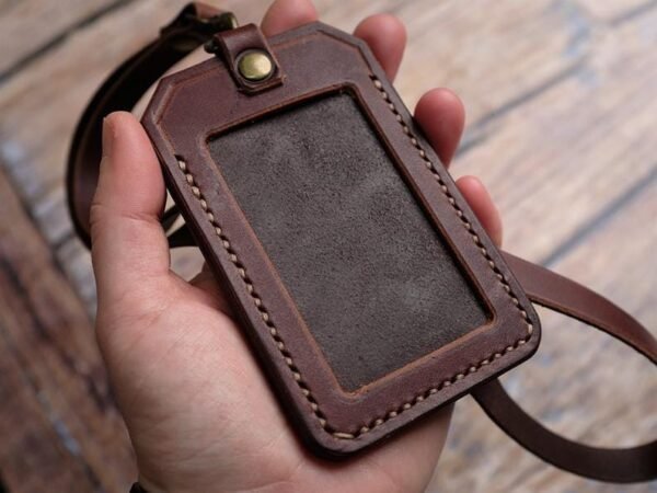 Leather id Card Holder - Unisex card holder Id Lanyard - Brown