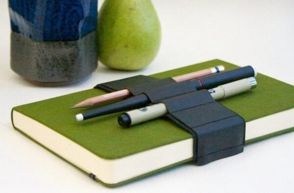Leather Pen Bandolier, Leather Pencil Holder, Journal Pencil Holder Book Strap - Black