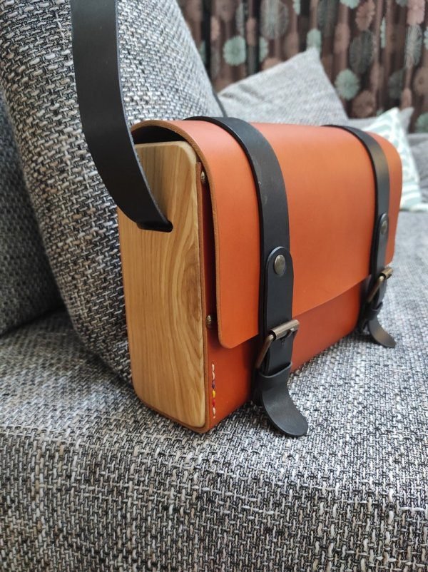 Wood Leather Crossbody bag, Leather purse, Leather bag, Wooden shoulder bag for women