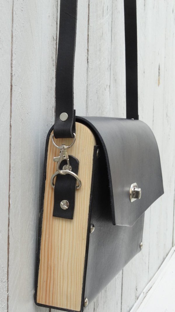 Vintage Leather wood bag for women, leather cross body bag for women -  Black
