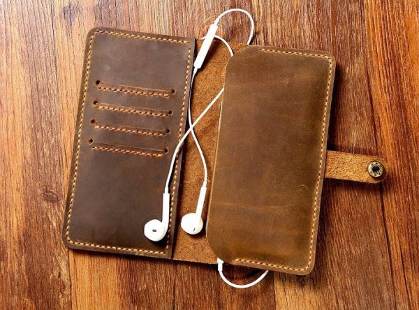 BROWN DISTRESSED LEATHER MOBILE WALLET CASE WITH SNAP / LEATHER PHONE Wallet for men - Image 3