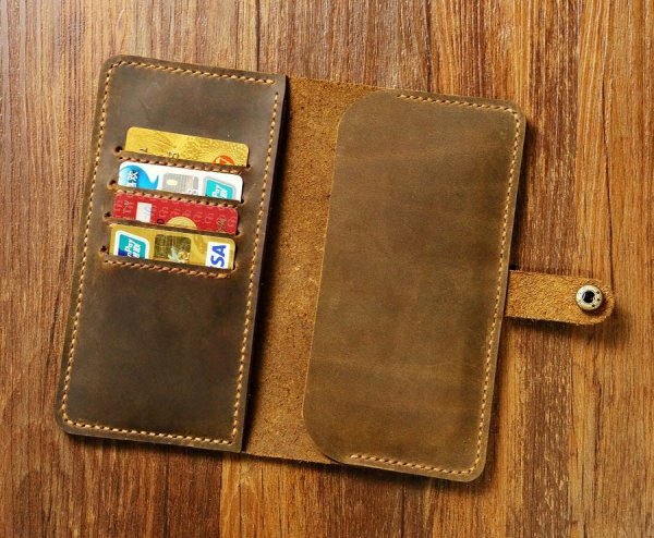 BROWN DISTRESSED LEATHER MOBILE WALLET CASE WITH SNAP / LEATHER PHONE Wallet for men - Image 2