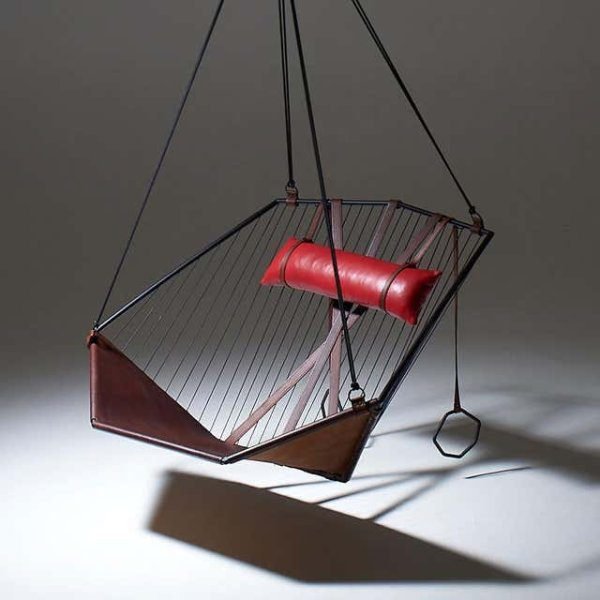 Leather Swing Chair, Angular Sling Chair Genuine Leather Brown Swing Chair, Minimal Swing Chair - Image 2