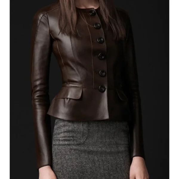Women Genuine Leather Peplum Style Jacket with collar & long Sleeves 