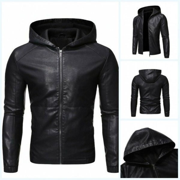 Black Hood Leather Jacket for Men Hoodie Hoodie Jacket Men's Leather - Image 2