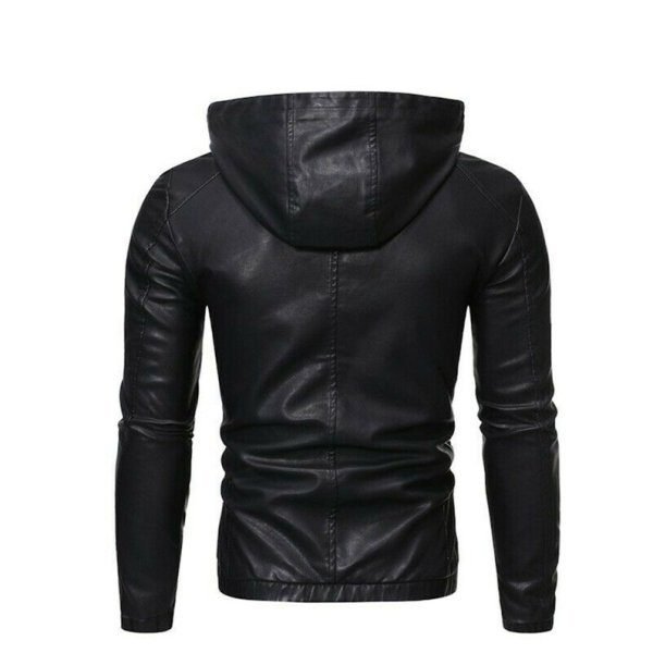 Black Hood Leather Jacket for Men Hoodie Hoodie Jacket Men's Leather - Image 3