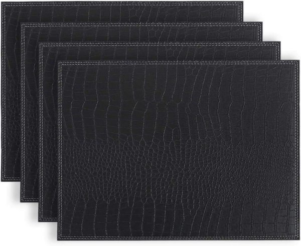 Set of 4 Leather Dining Mats Crocodile Pattern Durable Cow Leather Mats  16"x12" Heat & Stain Resistant Easy to Clean, Home & Office Decor (Black) - Image 2