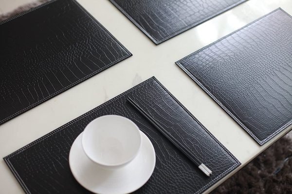 Set of 4 Leather Dining Mats Crocodile Pattern Durable Cow Leather Mats  16"x12" Heat & Stain Resistant Easy to Clean, Home & Office Decor (Black)