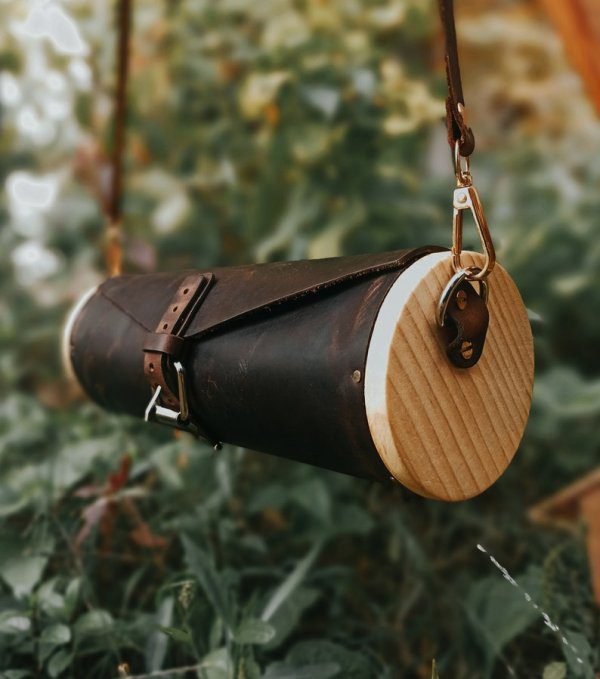 Unisex Leather Shoulder Bag, Wood Bag, Leather & Wood, Round Bag - Image 5