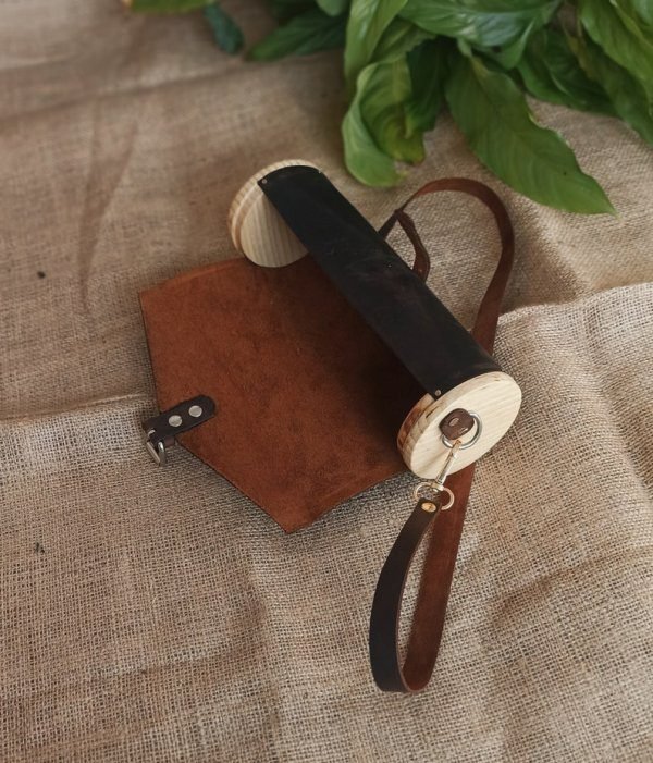 Unisex Leather Shoulder Bag, Wood Bag, Leather & Wood, Round Bag - Image 4