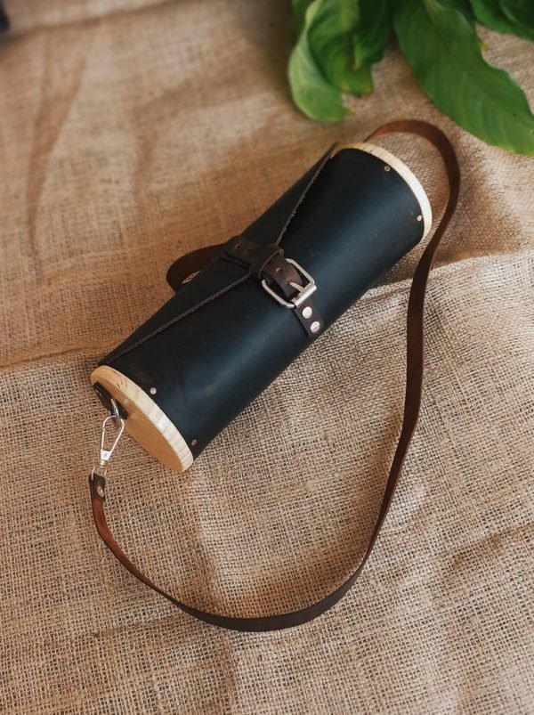 Unisex Leather Shoulder Bag, Wood Bag, Leather & Wood, Round Bag