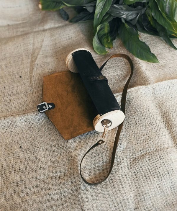 Unisex Leather Shoulder Bag, Wood Bag, Leather & Wood, Round Bag - Image 2
