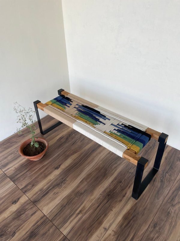 Hand Woven Bench • Mid Century Woven Bench - Image 5