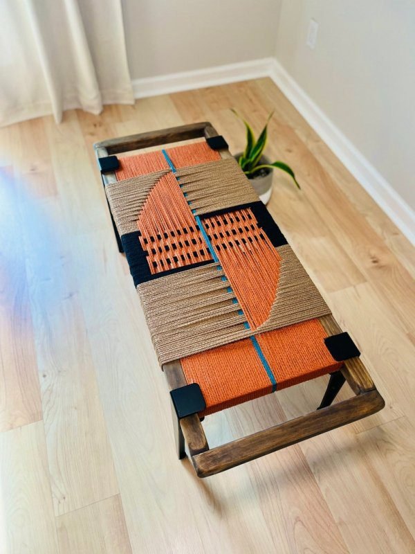 Mid Century Modern Style Bench • Modern Entryway Bench • End of Bed Handmade Bench • Minimalist Woven Bench