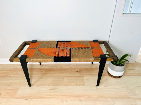 Mid Century Modern Style Bench • Modern Entryway Bench • End of Bed Handmade Bench • Minimalist Woven Bench - Image 3