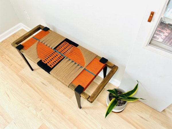 Mid Century Modern Style Bench • Modern Entryway Bench • End of Bed Handmade Bench • Minimalist Woven Bench - Image 2