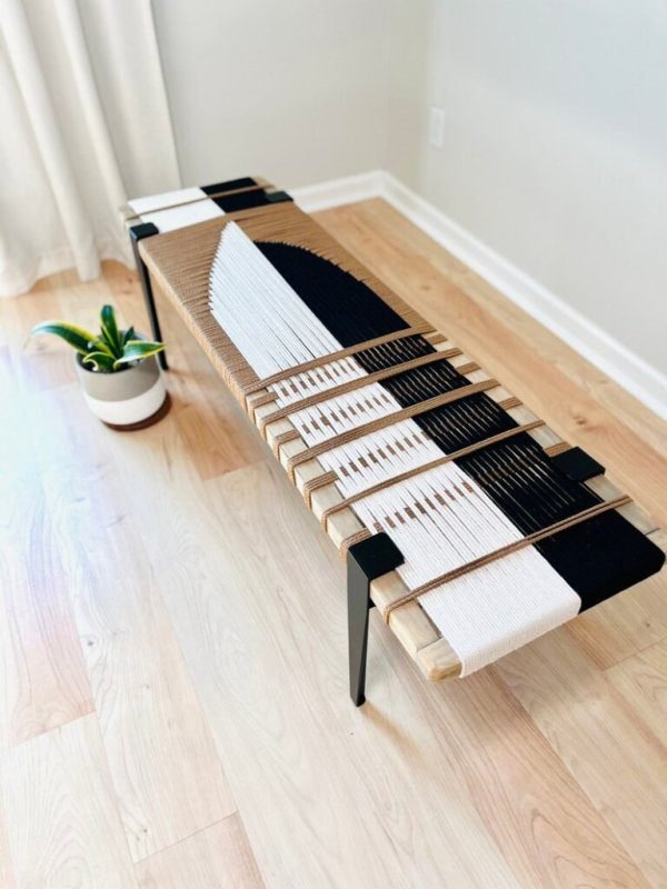 Hand Woven Bench, Wooden Bench For Sitting, End of Bed Table - Image 2