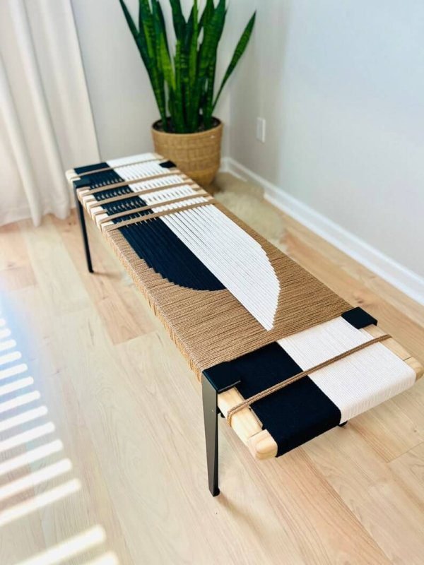 Hand Woven Bench, Wooden Bench For Sitting, End of Bed Table