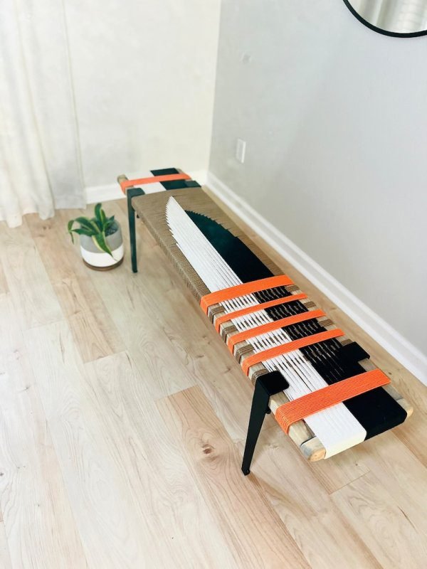 Mid-Century Modern Style Bench • Mudroom / Entryway Bench • Hand Woven End of Bed Stool - Image 4