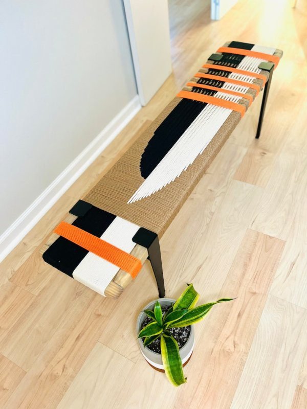 Mid-Century Modern Style Bench • Mudroom / Entryway Bench • Hand Woven End of Bed Stool