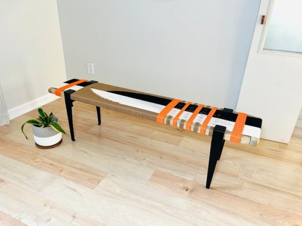 Mid-Century Modern Style Bench • Mudroom / Entryway Bench • Hand Woven End of Bed Stool - Image 3
