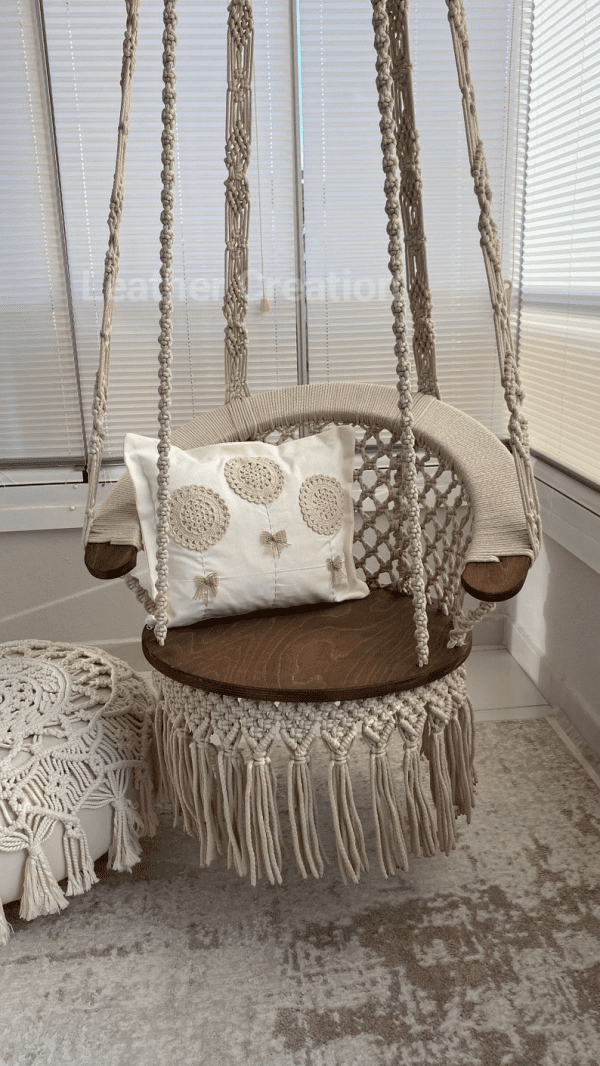 Cotton Macrame Wood Swing, Hanging Chair, Tree Swing, Outdoor indoor Swing, Wedding Swing, Boho Swing, Rocking Chair, Adult and Kid Chair - Image 3
