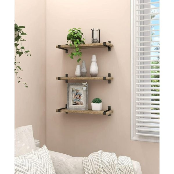 Rustic Wood Floating Shelves Wall Mounted Set of 3, Brown Wall Shelf with Metal Brackets, Home Decor Storage - Image 4
