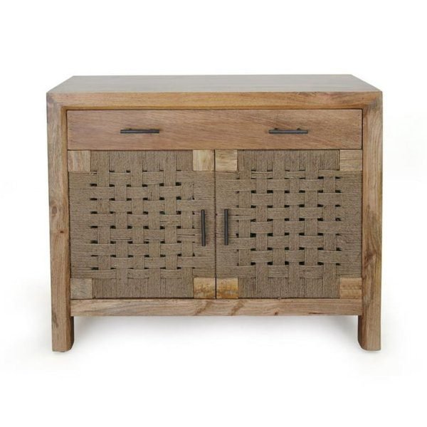 Antique Solid Wood & Jute Two Door One Drawer Wood Cabinet