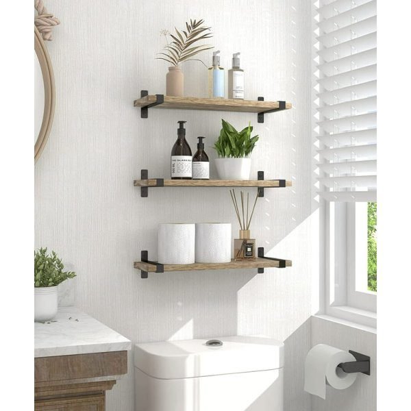 Rustic Wood Floating Shelves Wall Mounted Set of 3, Brown Wall Shelf with Metal Brackets, Home Decor Storage - Image 3