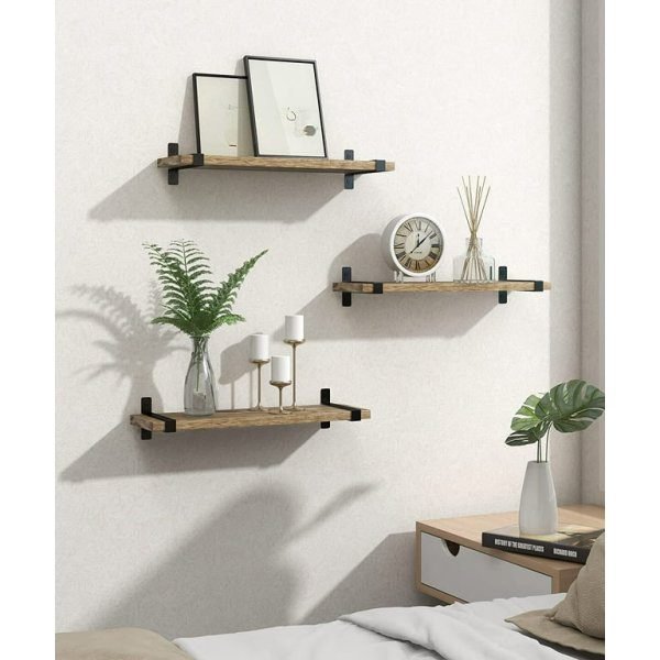 Rustic Wood Floating Shelves Wall Mounted Set of 3, Brown Wall Shelf with Metal Brackets, Home Decor Storage - Image 5