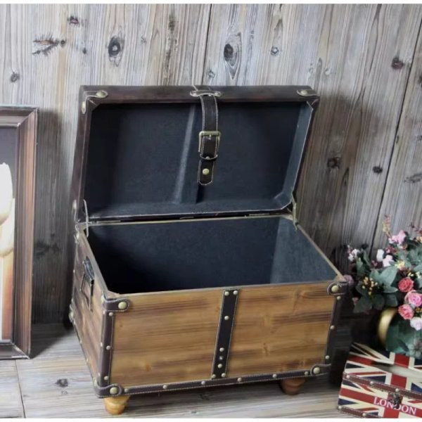Leather Vintage Wood Storage Ottoman, Trunk With Leather Seat,Flip Top Bed End Stool Bench,Industrial Rustic Leather Storage Bench - Image 3